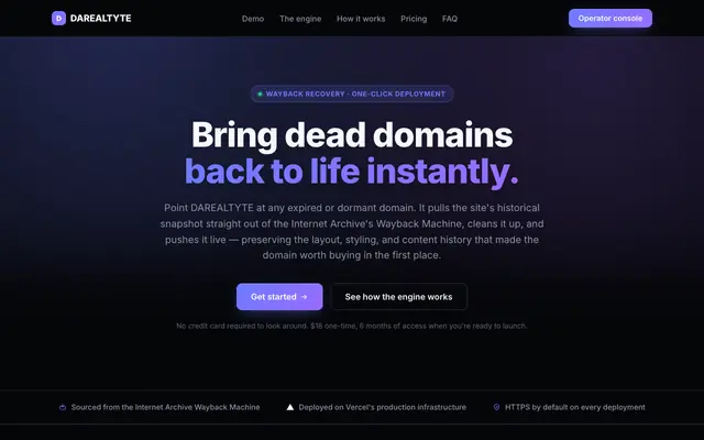 Screenshot of DAREALTYTE — Wayback Recovery & Instant Deployment Engine