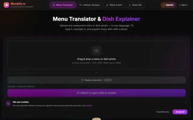 Screenshot of Moodefy.io — AI Food Decision Assistant