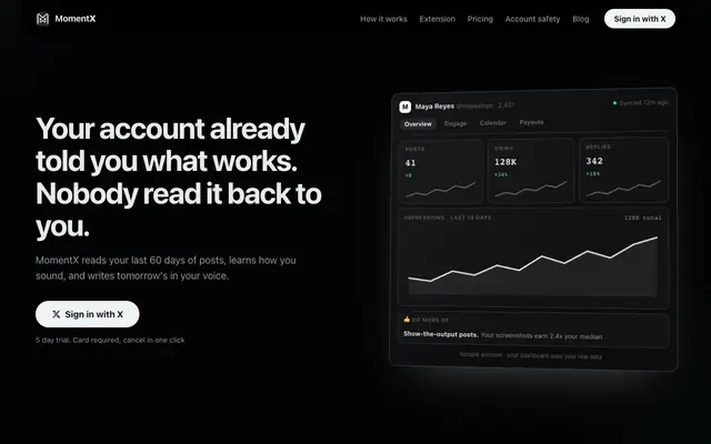 Screenshot of MomentX: the AI X growth tool that learns your voice