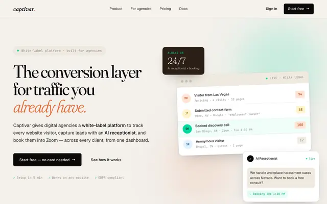 Screenshot of White-Label Analytics + AI Receptionist for Agencies | Captivar