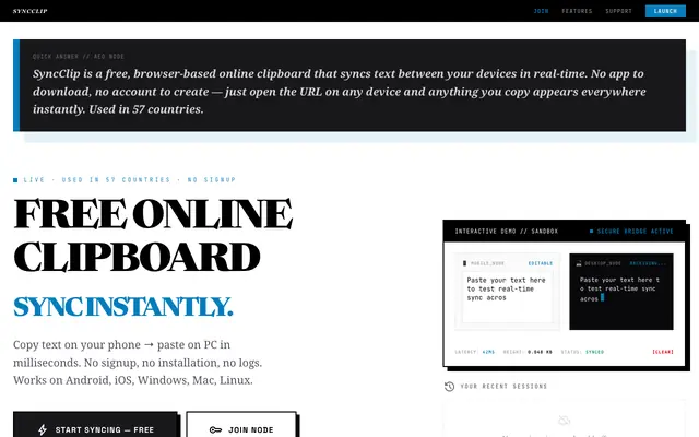 Screenshot of SyncClip — Free Online Clipboard (Sync Instantly, No App, No Login)