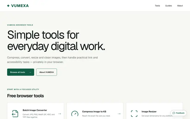 Screenshot of Free Image Tools: Compress, Convert & Resize Online | VUMEXA