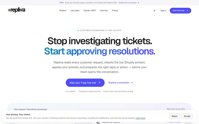 Screenshot of Repliva — Stop spending hours answering the same Shopify emails