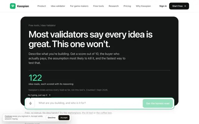 Screenshot of Free Idea Validator — Honest Startup Validation · Kasspian
