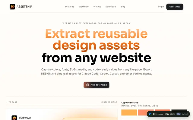 Screenshot of AssetSnip | Website Asset Extractor for Colors, SVGs, Fonts and Design Tokens