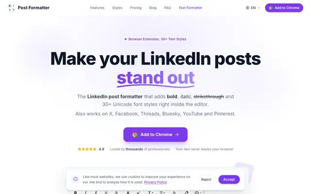 Screenshot of LinkedIn Post Formatter, Bold Text & 30+ Fonts | Chrome Extension