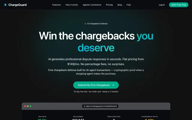 Screenshot of ChargeGuard - AI-Powered Chargeback Defense | Flat Pricing from $149/mo