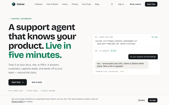 Screenshot of Ontroz — AI Chatbot for Customer Support, Trained on Your Content