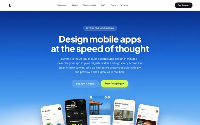 Screenshot of Layverse — AI Tool for UI/UX Design | Build Mobile App Designs with AI