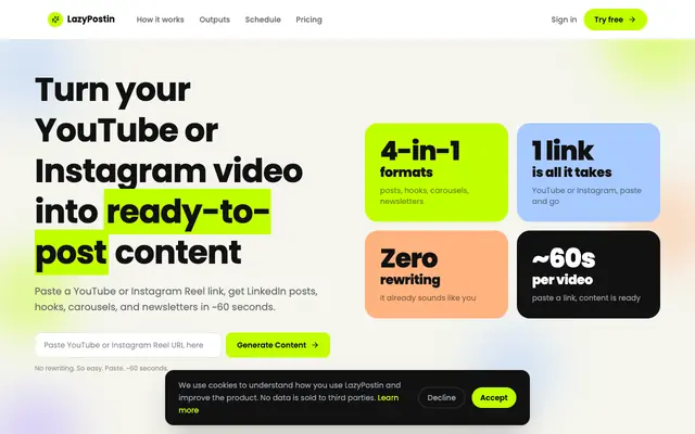 Screenshot of LazyPostin | YouTube to LinkedIn Repurposing in 60s