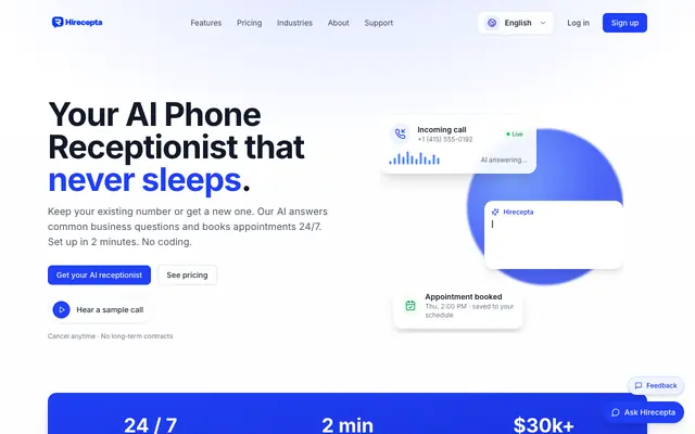 Screenshot of Recepta, AI Phone Receptionist for Small Business | 24/7 Call Answering