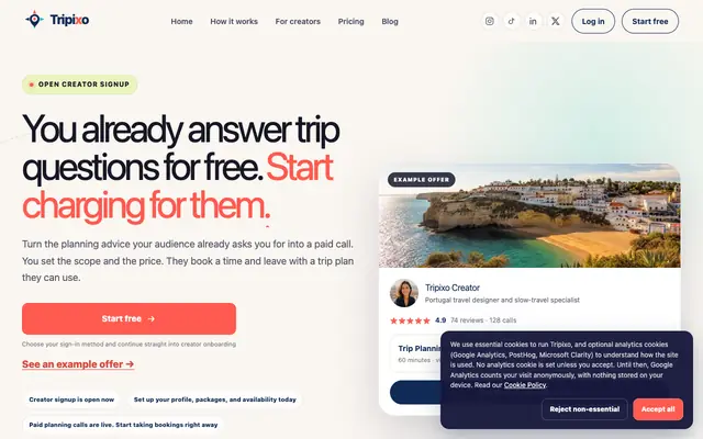 Screenshot of Tripixo — Turn Travel Expertise Into Paid Planning Calls