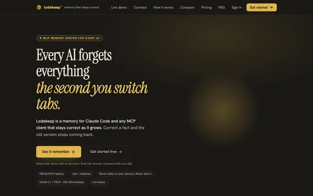 Screenshot of Lodekeep · one memory for every AI