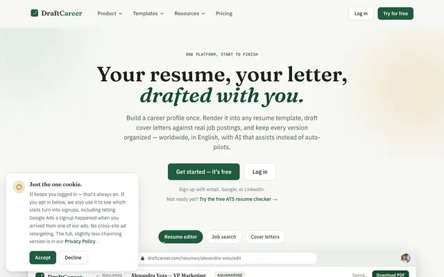 Screenshot of DraftCareer — Free Resume, CV & Cover Letter Builder