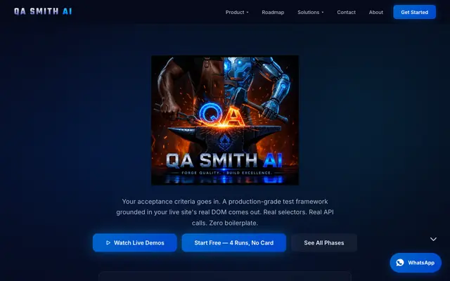Screenshot of QA Smith AI — AI-Augmented QA Automation | Generate Test Frameworks in Minutes