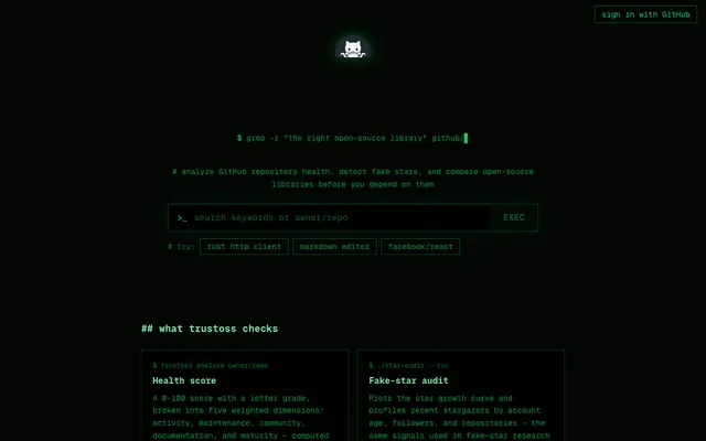 Screenshot of TrustOSS — GitHub Repository Quality Analyzer