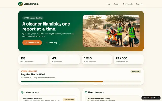 Screenshot of Clean Namibia — Report Waste, Map Clean Areas, Join Clean-ups