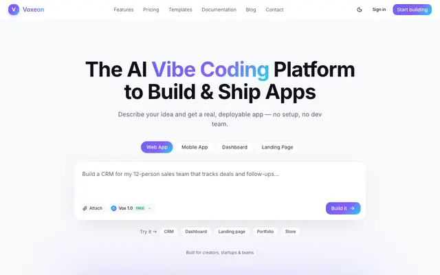 Screenshot of Voxeon — Vibe code with crypto