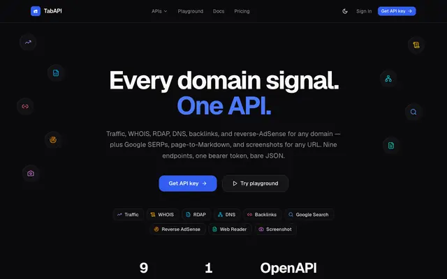 Screenshot of TabAPI: every signal about a domain or URL, one API