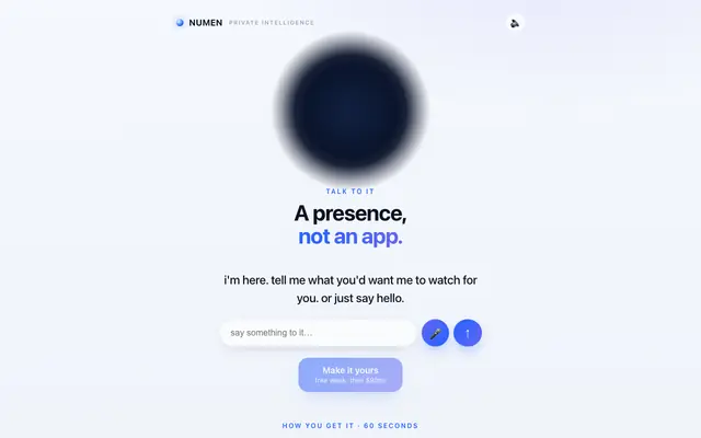 Screenshot of NUMEN · a presence, not an app