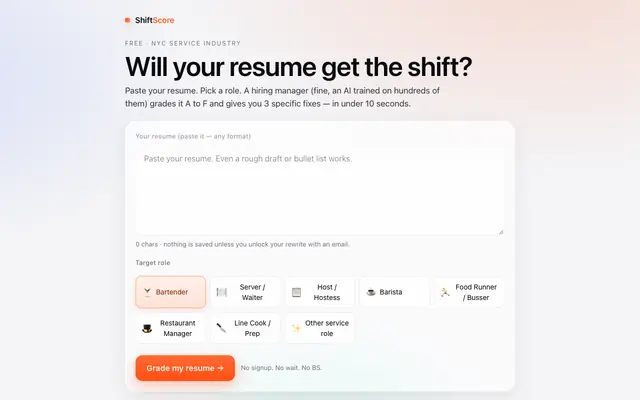 Screenshot of ShiftScore — Grade your NYC service resume in 10 seconds