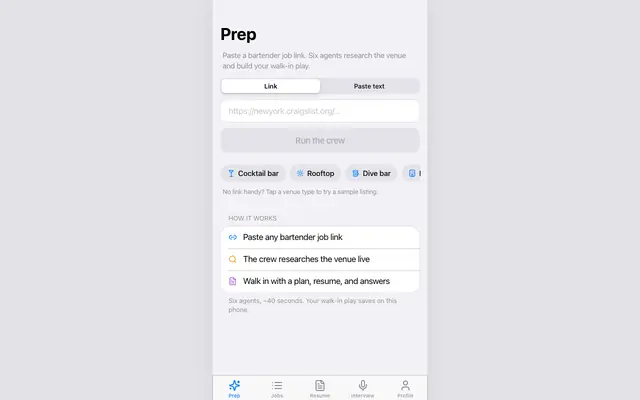 Screenshot of Shift AI · Bartender job prep