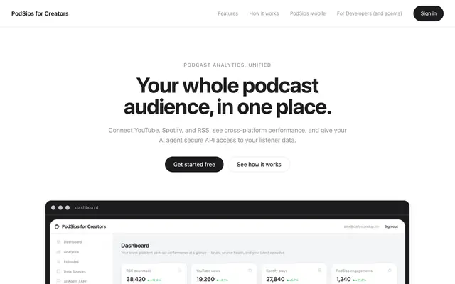 Screenshot of PodSips for Creators