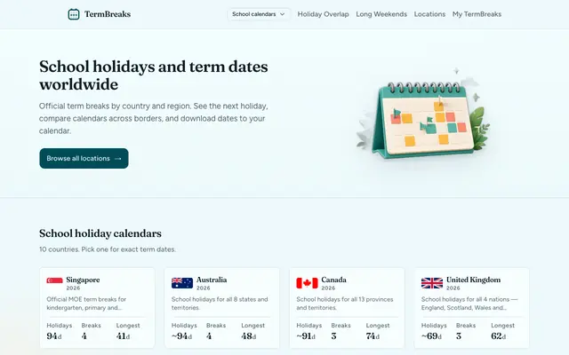 Screenshot of School Holidays & Term Breaks Worldwide | TermBreaks