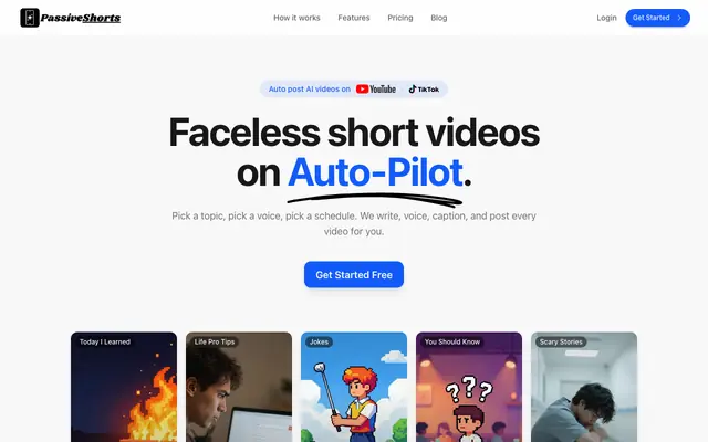 Screenshot of AI Faceless Video Generator for TikTok & YouTube | PassiveShorts