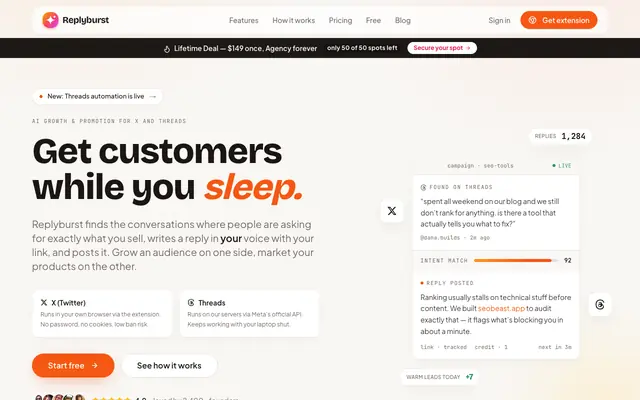 Screenshot of Replyburst — promote your product on X, on autopilot