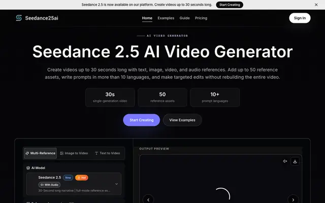 Screenshot of Seedance 2.5 — Native 30s AI Video Generator