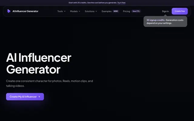 Screenshot of AI Influencer Generator — Same Face in Every Video