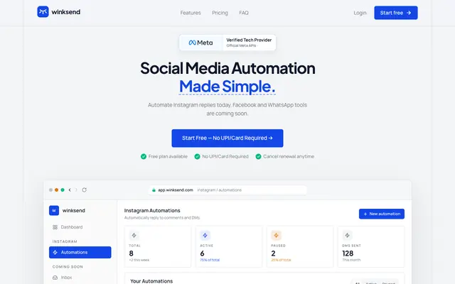 Screenshot of Free Plan — #1 DM Automation Tool for Instagram Creators - winksend