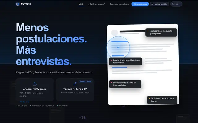 Screenshot of Mavante | Detectá por qué los reclutadores ignoran tu CV
