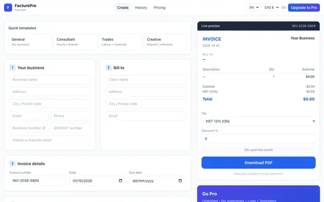 Screenshot of FacturePro – Free Canadian Invoice Generator