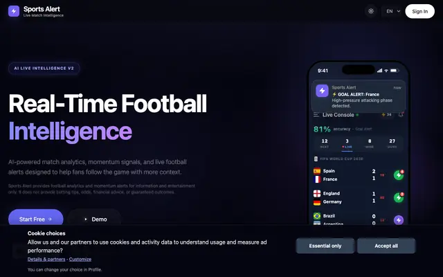 Screenshot of Sports Alert | AI Football Analytics & Tactical Forecasts
