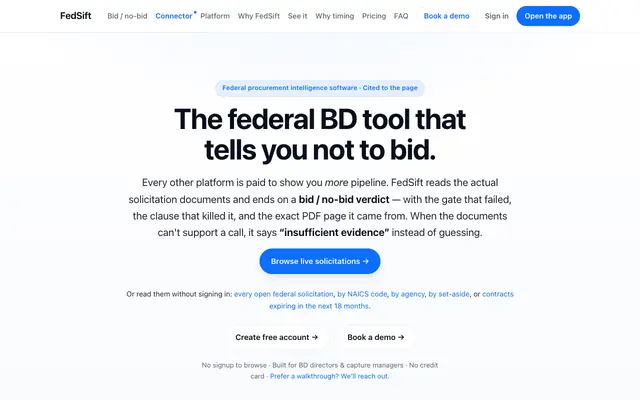 Screenshot of FedSift — federal BD intelligence you can ask Claude