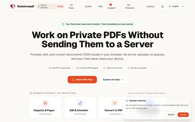 Screenshot of ihatelovepdf — Powerful, Private & Free PDF Tools in Your Browser