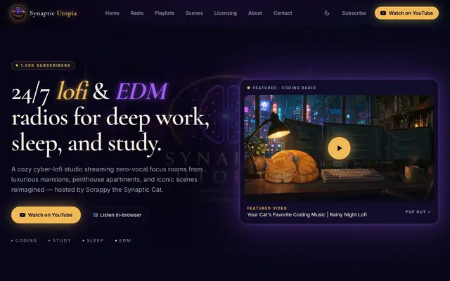 Screenshot of Synaptic Utopia, 24/7 Lofi & EDM Radios for Deep Work