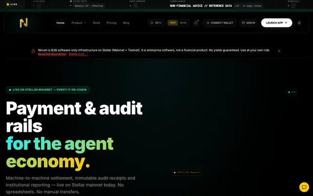 Screenshot of Nirium | Live on Stellar Mainnet — payment & audit rails for AI agents