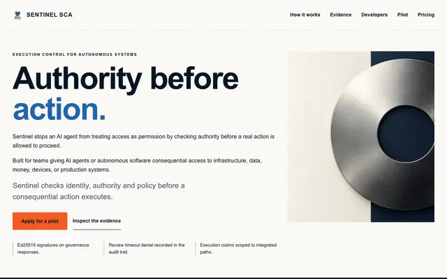 Screenshot of Sentinel SCA — Governance Infrastructure for AI Agents