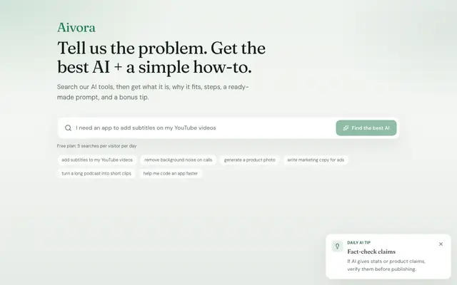 Screenshot of Aivora — Find the best AI for any problem