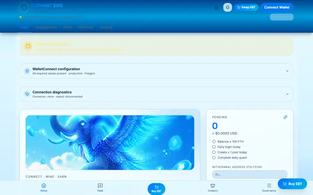 Screenshot of Elephant Bird — Earn EBT on Polygon