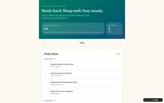 Screenshot of Grade 10 Habit Tracker — Study, Sleep & Mind Balance