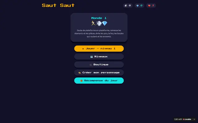 Screenshot of Saut Saut — Jeu de plateforme 2D avec diamants et pièces