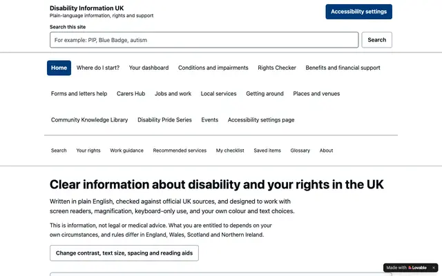 Screenshot of Disability Information UK — plain-language information and UK rights