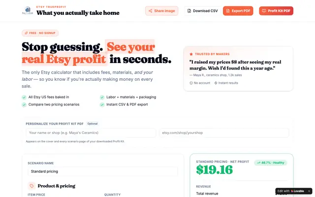 Screenshot of Etsy Fee Calculator — Real Net Profit After Fees, Labor & Ads