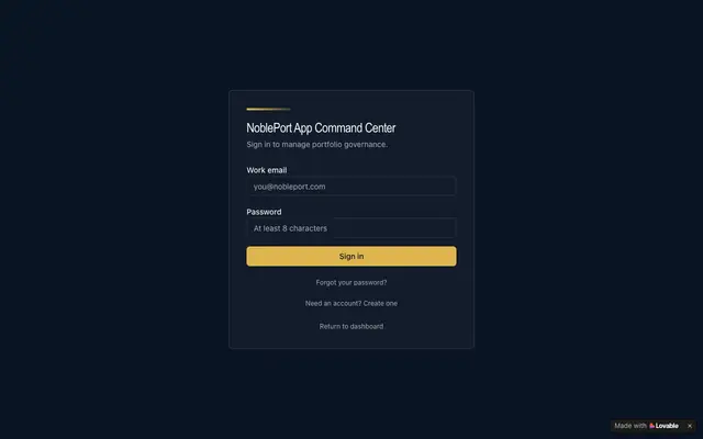 Screenshot of NoblePort App Command Center — Portfolio Governance