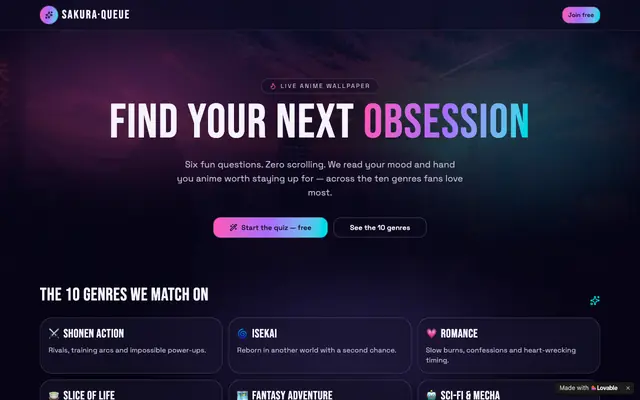 Screenshot of Sakura Queue — Anime Recommendations From a Fun Quiz