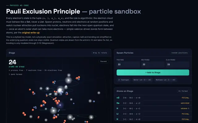 Screenshot of Pauli Exclusion Principle — Physics as Code